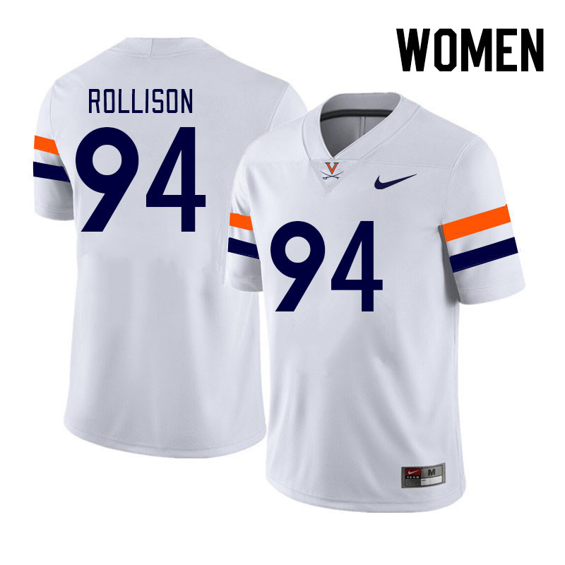 Women #94 Hayden Rollison Virginia Cavaliers College Football Jerseys Stitched Sale-White